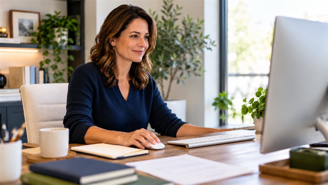 A business leader reviewing her company's AI policy at her desk