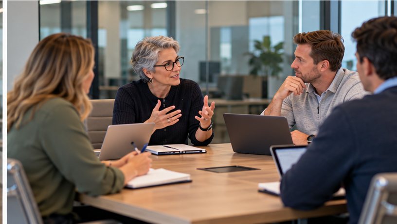 A leadership team discussing their AI governance approach around a conference table